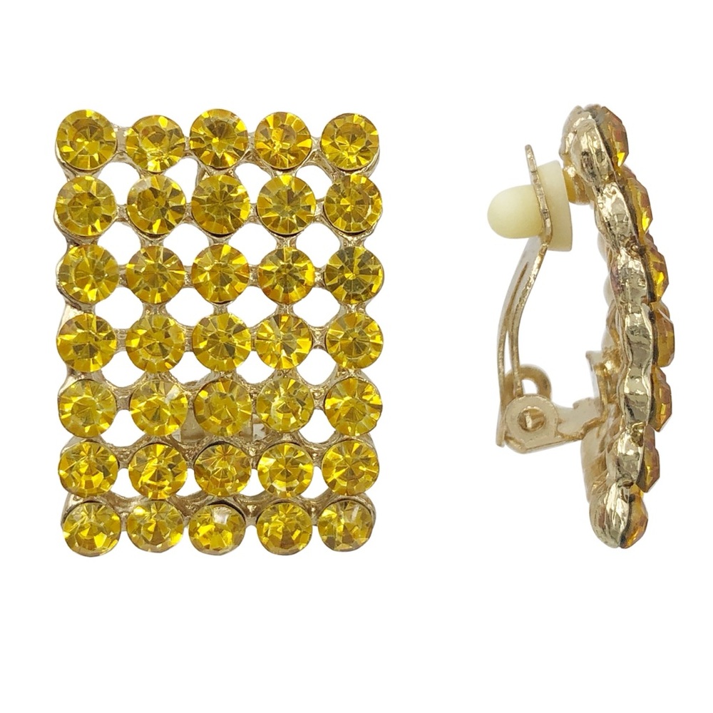 Citrine Yellow Rhinestone Fancy Clip On Gold Earrings